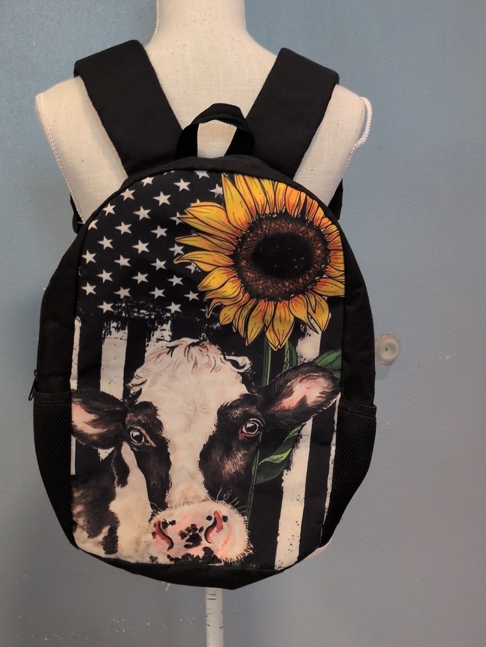 Novelty Cow Sunflower American Flag Vinyl Backpack Summer Academia Preppy Farm